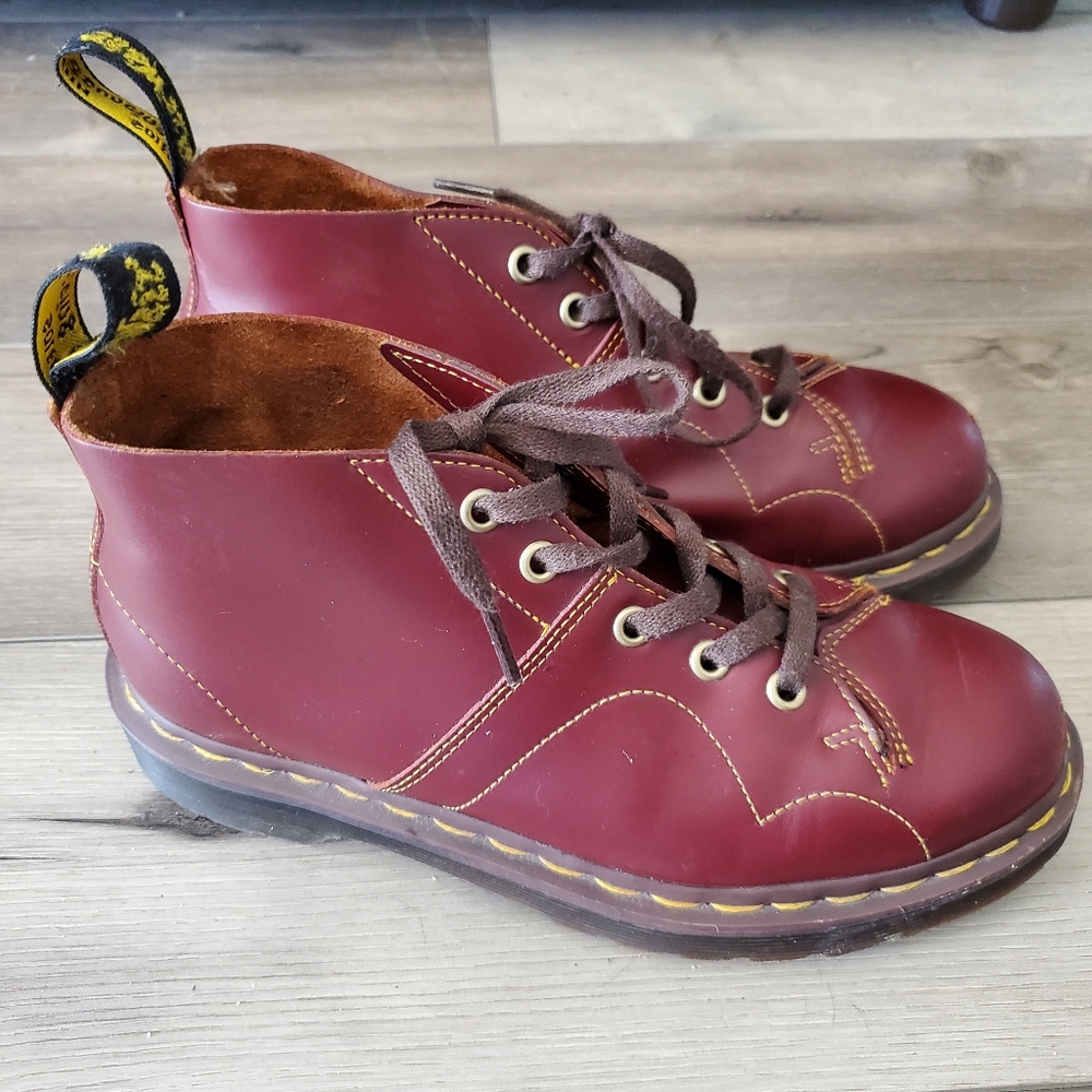 Dr. Martens Church Vintage Monkey Smooth Leather Lace Up Hiking Boots Shoes Red